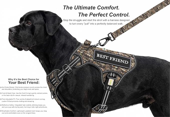 Homapet. Tactical Dog Harness with Dual Leash Attachment Points, Adjustable and Reflective Military Grade Dog Vest with Comfort Control Handle (Forest CAMO-M)