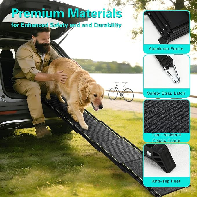 CypherX 79" Dog Ramp for Car SUV, Portable Folding Pet Ramp for Large Dogs | Gentle Incline Dog Car Ramp, Non-Slip Carpet Surface, Quad-Fold Ultra Portable Pet Stairs, Sturdy Aluminum Supports 250lbs