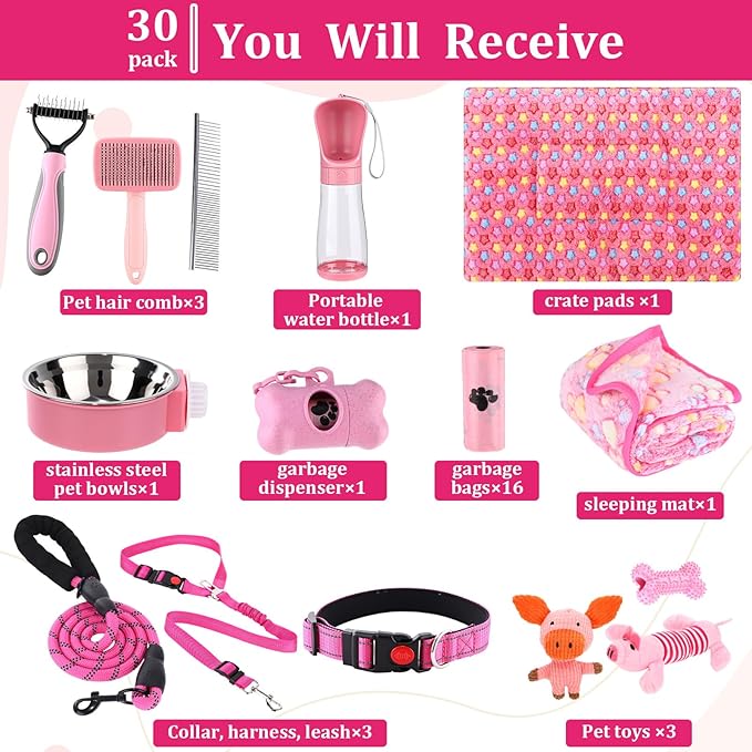 PullCrease 30 Pcs Puppy Supplies Starter Kit for Small Dogs Essentials Include No Pull Dog Harness, Collar, Leash Set, Toys, Bowl, Water Bottles, Pet Grooming Kit, Puppy Accessories for Welcome Gift