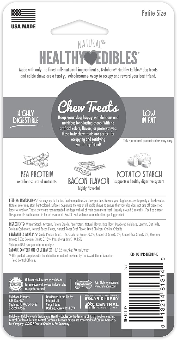 Nylabone Healthy Edibles Natural Dog Chews, Long Lasting Bones for Dogs, Bacon Flavor Dog Treats, X-Small (2 Count)