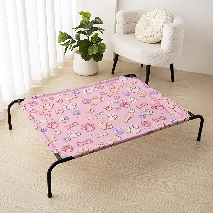 QOOMO Elevated Dog Bed with Cooling Fabric, Pet Cot for Small and Big Dogs, Indoor and Outdoor Use, Joint Relief, Cute Printed Cushion Included (Pink Paw Prints, 35.43" L*25.59" W*8.27" Th)