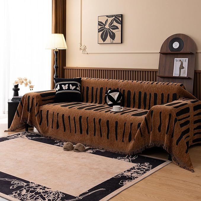 VClife Aztec Couch Cover for Sofa, Thick Plush Jacquard Couch Cover for Sectional Sofa, Breathable Washable Sofa Slipcover for Dog, Bohemian Moroccan White Pumpkin Slip Cover 71"X134"