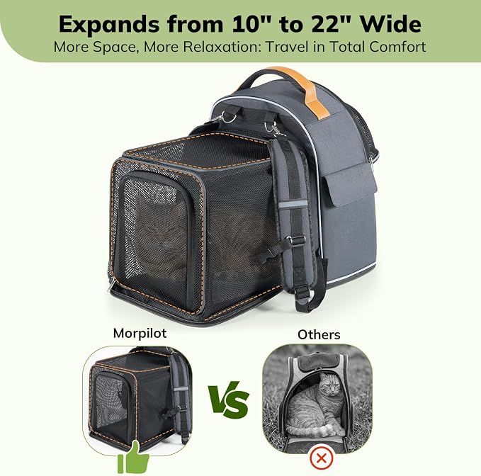 Morpilot Expandable Cat Carrier Backpack for Small Dogs & Cats Up to 12lbs, Breathable Mesh Pet Travel Backpack with Safety Leash, Foldable Airline Approved Carrier for Hiking Camping Outdoor, Grey