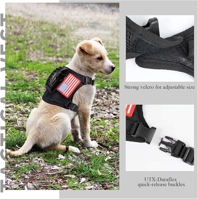 Tactical Service Dog Harness Vest,K9 Adjustable Military Working Harness Water-Resistant Comfortable Training MOLLE Dog Vest with Handle, with 2 Patches (XS, Black)