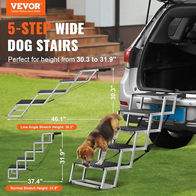 VEVOR Dog Stairs for Car Wide 5-Steps,Folding Dog Car Ramp with Nonslip Surface, Portable Pet Steps Lightweight Aluminum for Car, SUV and Truck, Supports up to 150 lbs