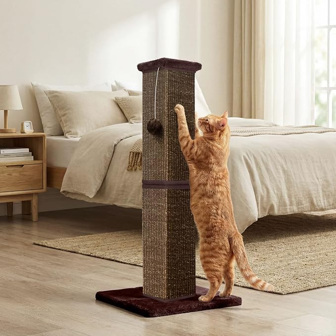Cat Scratching Post 32 Inch for Indoor Large Cats and Kitten, Nature Sisal Tall Cat Scratch Post, Sisal Cat Scratcher Improve Cat's Scratching Habits and Protect Your Furniture, Full Brown