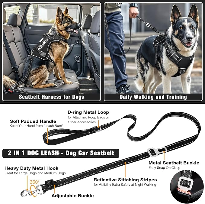 Tactical Dog Harness and Leash Set Medium Sized Dog+10 Dog Patches | Adjustable No Pull Service Animal Dog Vest with Dog Seat Belt,Padded Handles,Reflective Easy Walk for Training Hiking Black M
