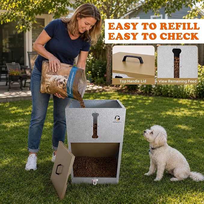 60 lb Automatic Dog Feeder Outdoor Gravity Feeder for Large Dogs | Easy food-level checks, simple latch closure, wall or fence mounting, champagne-gold finish