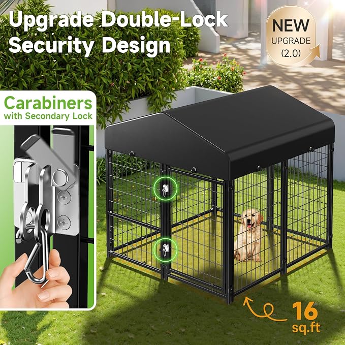 Dog Kennel Outdoor, Weatherproof Outside Dog Kennel with Roof & Removable Dog Door, Outdoor Kennels Dog Enclosure Run for Small Medium Dogs (4'L x 4'W x 4.6'H)