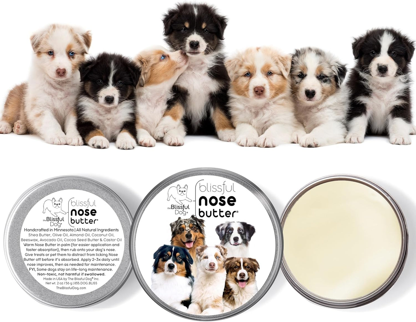 The Blissful Dog Australian Shepherd Nose Butter for Dry, Cracked Skin, Lick-Safe Dog Nose Balm with Moisturizing Shea Butter, Almond, Olive, and Essential Oils, Pet Supplies, Uncented, 1 oz.