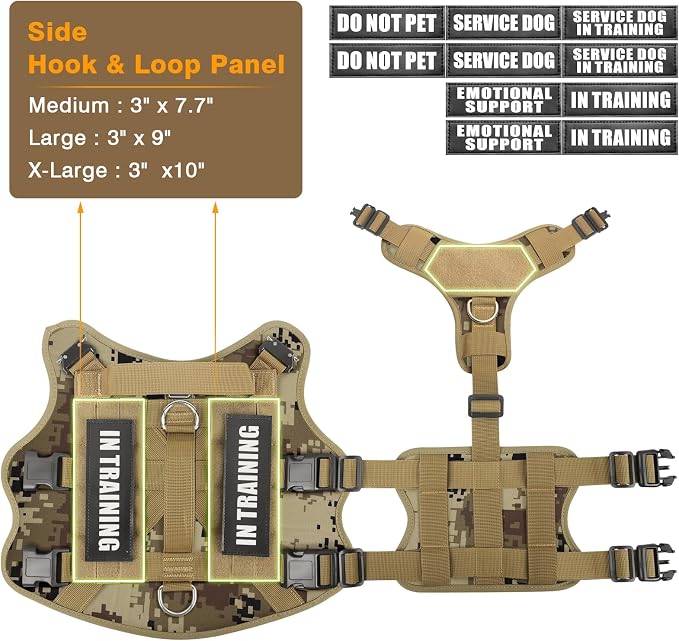 Tactical Dog Harness with Dog Leash, Service Working MOLLE Vest with 10 Pet Patches for Dog, No Pull Military Harness and Backpack for Training Hunting Walking