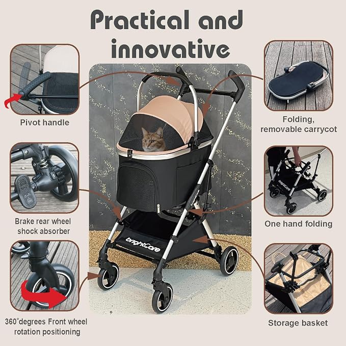 Small Pet Stroller for Dogs & Cats Under 20 lb with Detachable Carrier, Converts to Car Seat, Ultra-Lightweight only 11lb, One Hand Fold