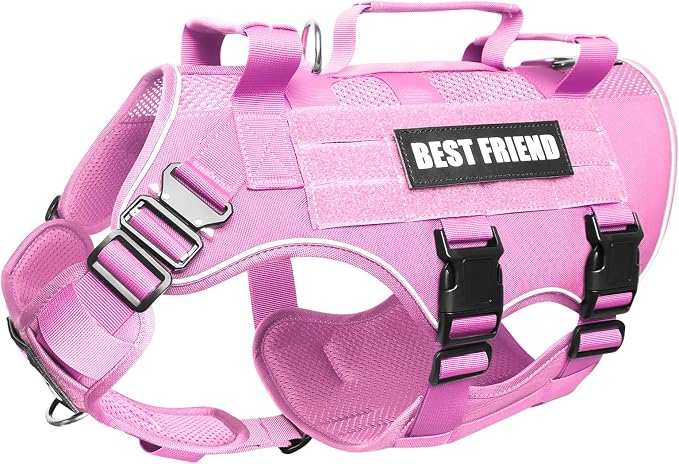 Air Mesh Tactical Dog Harness with Metal Buckles&MOLLE,Pink Medium | Breathable Adjustable No Pull Service Dog Vest with 3 Padded Handles,Military Dog Harness for Training Hiking Hunting Working