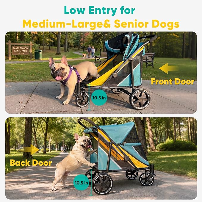 Petbobi Dog Stroller for Large & Medium Dogs - Easy Fold Dual Entry Pet Stroller with One-Foot Brake, All Terrain Wagon Cart with Air Mesh, Ideal for Large Senior Pets up to 80 lbs, Green
