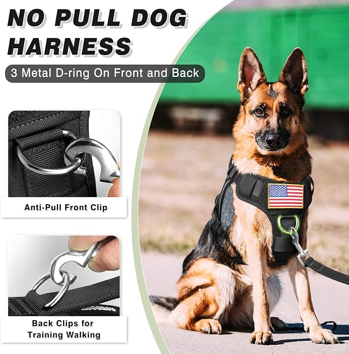 Tactical Dog Harness and Leash Set with Metal Buckles+10 Patches | Heavy Duty Service Dog Vest ,Adjustable Harness for Large Sized Dogs,No Pull Front Back Clips,for Training Hiking,Black XL