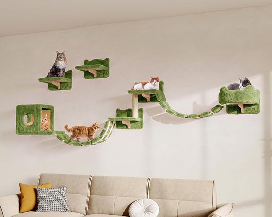 9-in-1 Cat Wall Shelves, Cat Wall Furniture Set with Bridge, Green | Wall Mounted Cats Shelf for Space-Saving, Multi-Level Cat Climbing Systems for 16 Inch Drywall, with Scratching Posts, Condos