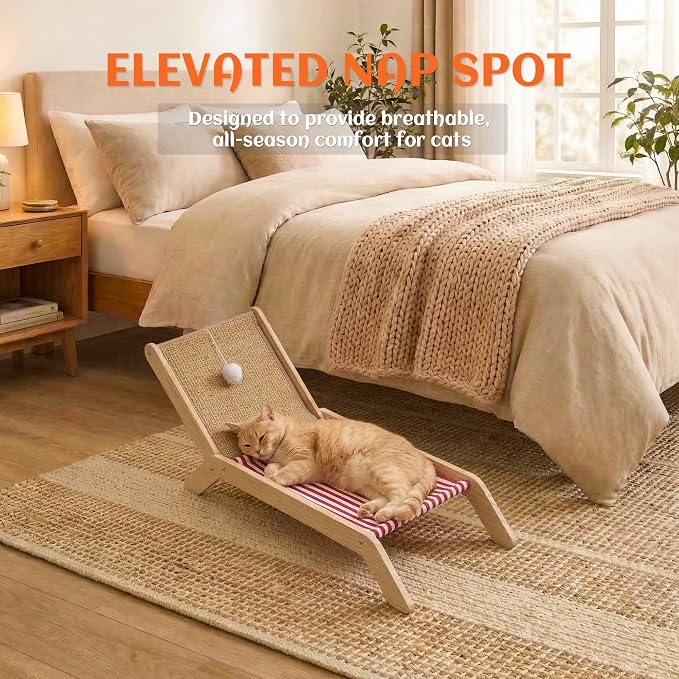 PETKARAY Beach Chair Cat Hammock, Elevated Cat Beds for Indoor Cats, Original Cozy Lounger with Sisal Scratcher and Toy Ball