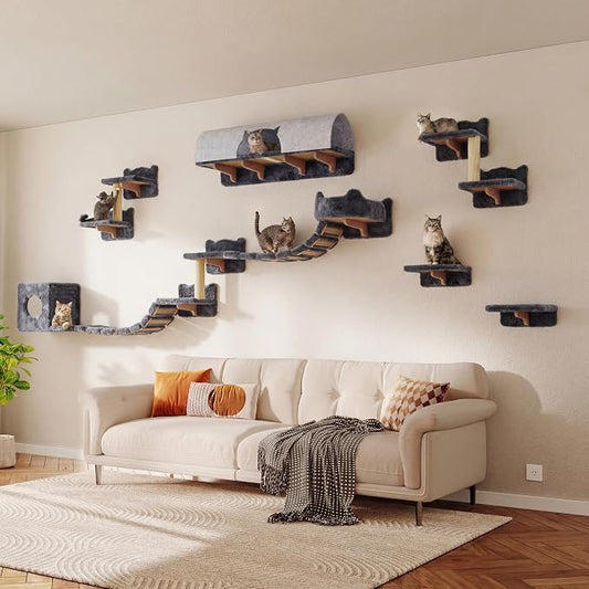 Cat Wall Furniture, 16 in 1 Cat Shelves w/Tunnel & Bridge, Grey | Wall Mounted Cats Shelf Set with Plush Fabric, Cat Climbing Wall Systems for 16 Inch Drywall, with Scratching Posts, Condos