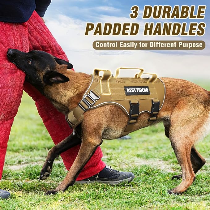 Air Mesh Tactical Dog Harness with Metal Buckles&MOLLE,Brown XL | Breathable Adjustable No Pull Service Dog Vest with 3 Padded Handles,Military Dog Harness for Training Hiking Hunting Working