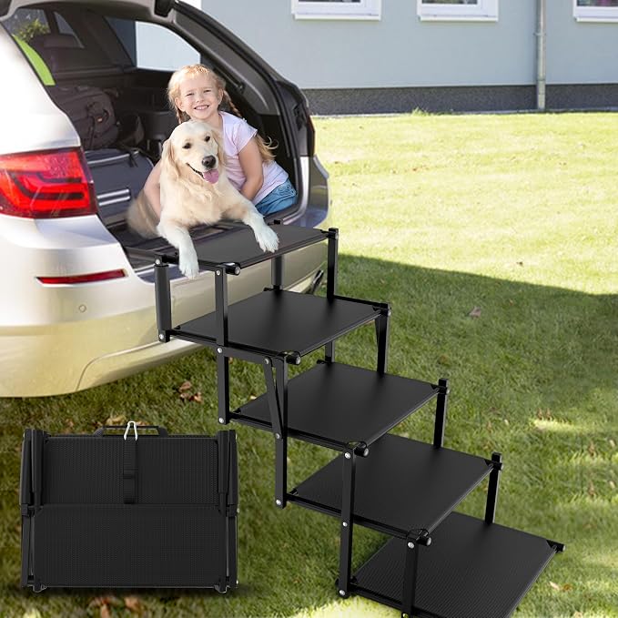 Extra Wide 20" Dog Stairs for Large Dogs, Dog Steps for Car 5 Steps | Foldable Dog Ramp for Car with Non-Slip Surface, Dog Stairs for Cars SUV High Beds Trucks, Portable Pet Stairs up to 250 lbs