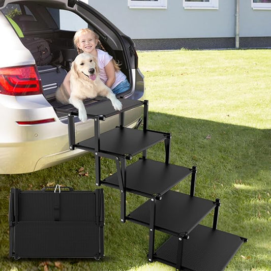 Extra Wide 20" Dog Stairs for Large Dogs, Dog Steps for Car 5 Steps | Foldable Dog Ramp for Car with Non-Slip Surface, Dog Stairs for Cars SUV High Beds Trucks, Portable Pet Stairs up to 250 lbs