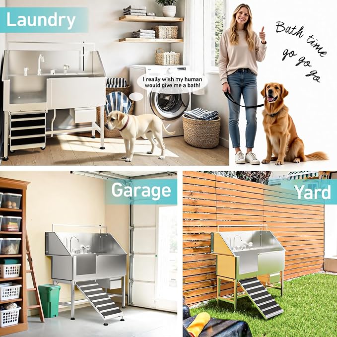 56" Dog Washing Station, 304 Stainless Steel, 600 lb, Side Ramp | 1mm Thick, hot cold faucet, fixed sprayer, shampoo dispenser, storage drawer, S-trap, hair filter, garage outdoor grooming