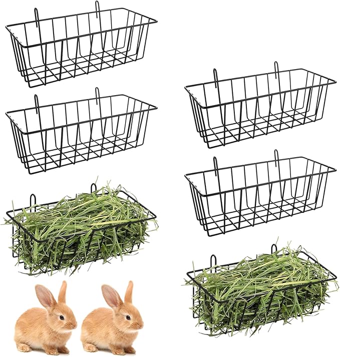 6PCS Rabbit Hay Feeder Bunny Hay Feeder Heavy Duty Metal Rack with Hooks, 9x4x3 Inch Rabbit Hay Holder Cage Hanging Hay Holder for Rabbits Bunny Guinea Pig (Black)