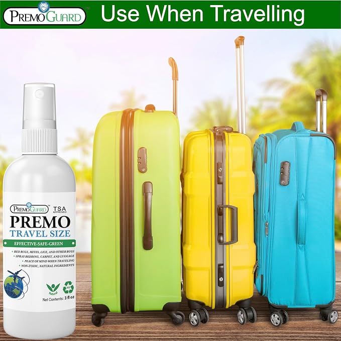 Travel Bed Bug & Mite Killer Spray by Premo Guard 3 oz – Child & Pet Safe – Fast Acting – Stain & Odor Free – Best Protection – Carryon Bag Approved