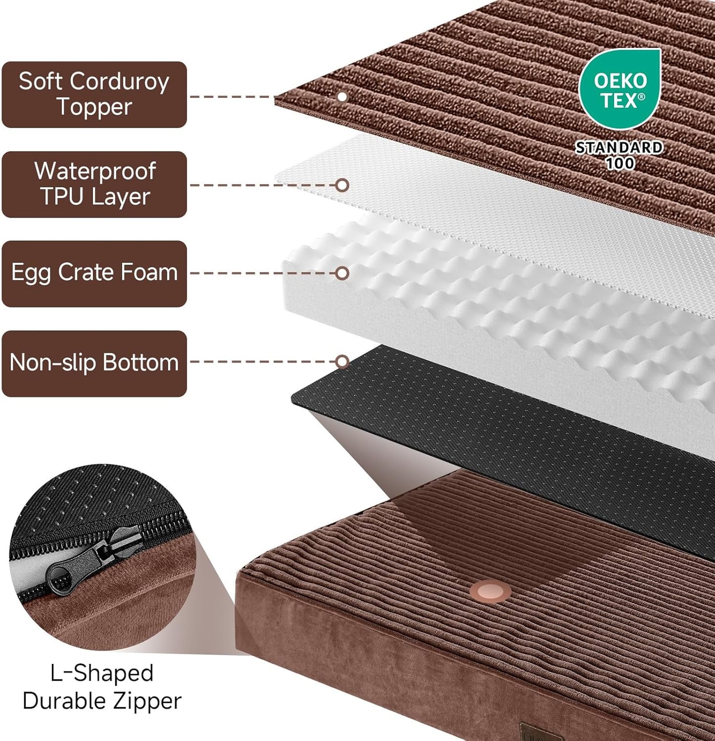 OhGeni Orthopedic Waterproof & Machine Washable Dog Bed for Large Pets, Suitable for Crates, Cat Mat with 25D Egg Crate Foam, Non-Slip Bottom & Removable Cover, Invisible Zipper, 41 Inches(Brown)