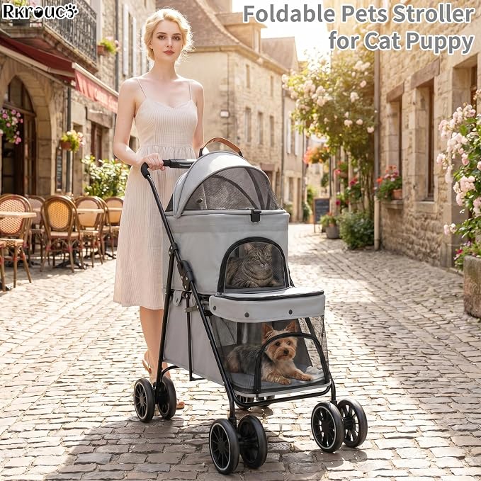 Foldable Double Pets Stroller for Dog Portable Cat Strollers for Small Medium Pet with One Detachable Carrier Flexible Lockable Wheels Lightweight Dogs Jogger (Gray)
