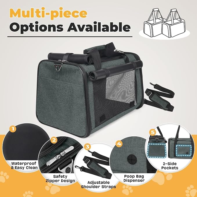 YUDODO 25lbs Cat Carrier Lightproof Soft Sided Pet Carrier for Large Cat & Small Dog Airline Approved Travel Puppy Carriers with Side Pockets & Reflective Mesh Foldable Portable for Outdoor Grey Green