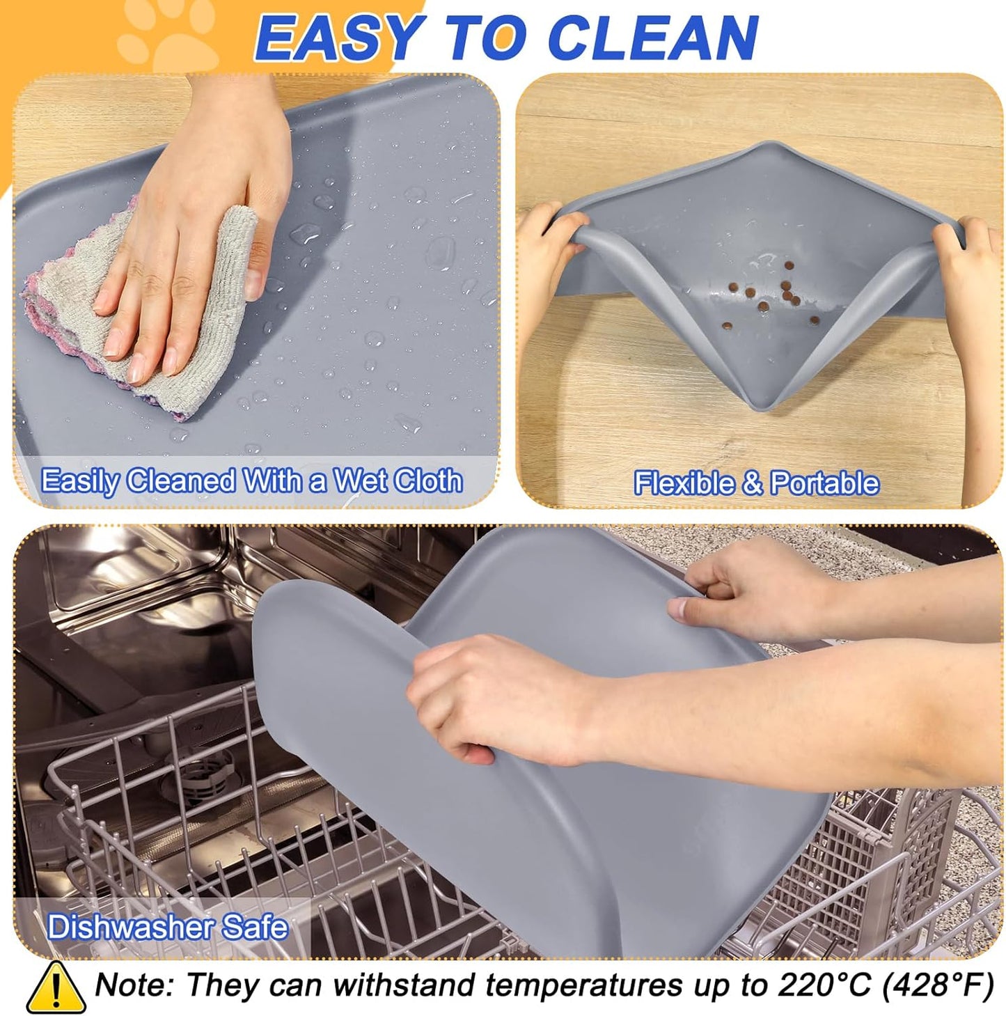 Silicone Pet Feeding Mat with Raised Edge for Food and Water, Dog Bowl Mats, Cat Bowls Placemat with High Lip for Floor Waterproof, Rubber Tray for Cats and Dogs 22 x 14 x0.8 Light Gray