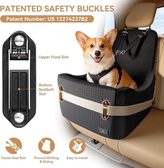 PETSFIT Dog Car Seat with Patented Safety System, 5" Elevated Cushion | Fully Detachable Washable Cover, Memory Foam Dog Booster Car Seat for Small/Medium Dogs Up to 35 Lbs with Safety Belt