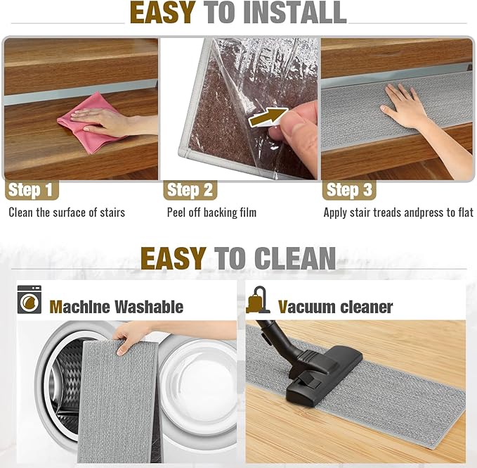 Stair Treads Non Slip for Wooden Steps Indoor 9" x 30" 15 Pack Extra Wide Stair Tread Carpet Stairs Runner, Step Pads with Reusable Adhesive for Dogs Kids Elders, Machine Washable, Light Grey