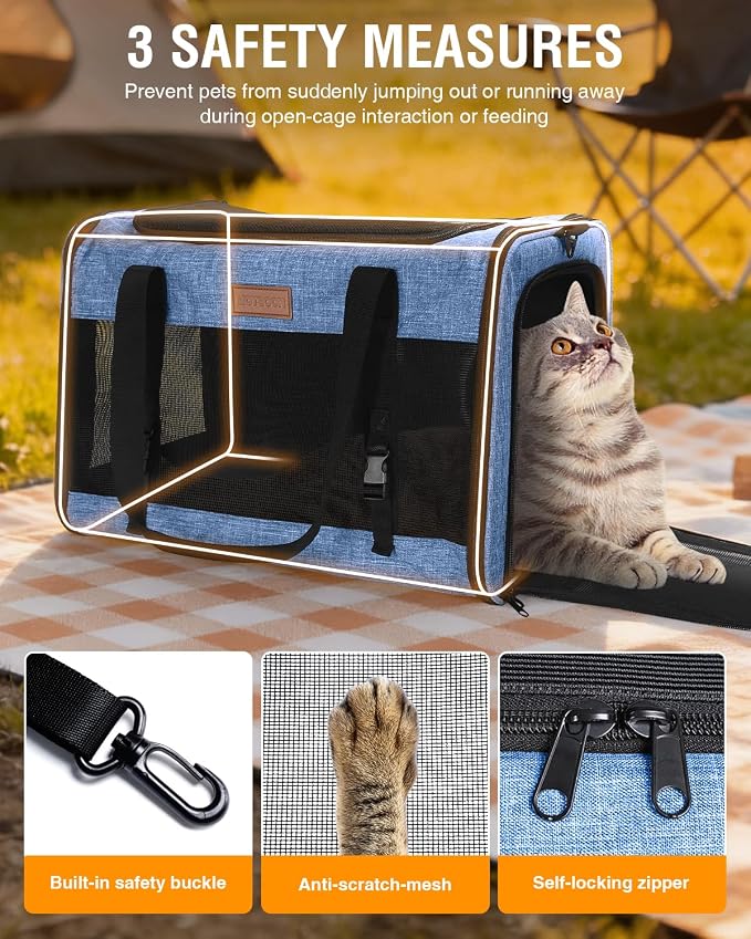PETUX Large Pet Carrier for Large Cats up to 20 lb for Travel | Top & Side Entry, 4 Side Breathable, Foldable Soft Cat Travel Carrier with Safety Car Seat Buckle & Anti-Scratch Mesh, Blue