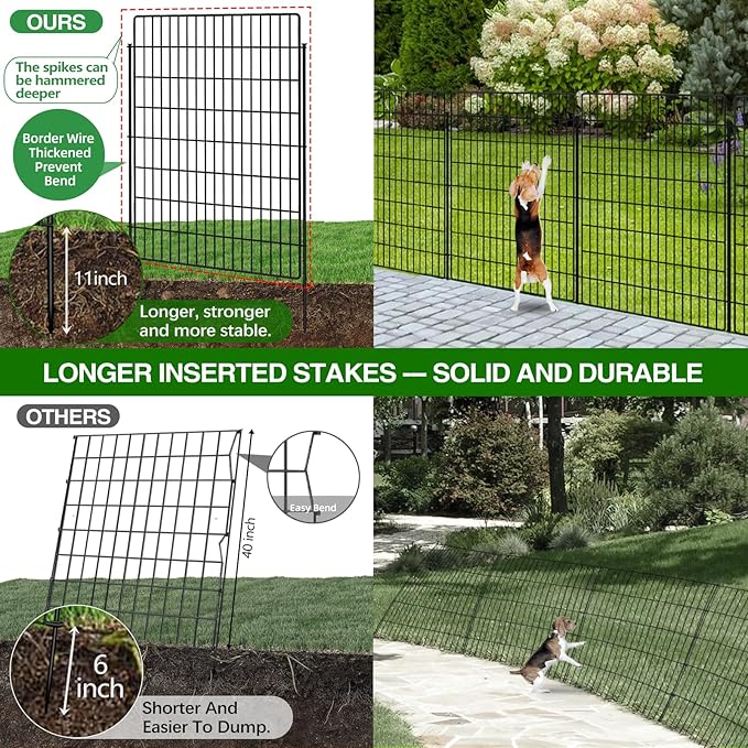 10 Panels Garden Fencing Animal Barrier, 40 in(H) X 24 ft(L) Dog Fence Outdoor for Yard Rustproof No Dig Decorative Tall Garden Fence Metal Wire Panel Border Rabbit Ground Stakes Fencing