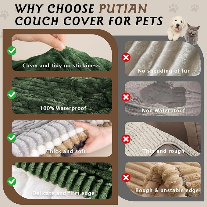 PuTian 100% Waterproof Fuzzy Couch Cover for Dogs Green 27.6"x59" | Pet Friendly Dog Mat for Couch, Waterproof Sofa Protector, Scratch Resistant Furniture Cover for Dogs, Machine Washable