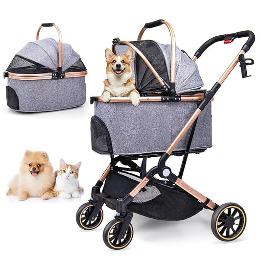 Dog Stroller for Dogs - 3 in 1 Pet Stroller with Detachable Storage Basket 4 All-Terrain Rubber Wheels Pull Rod Durable Travel Carrier for Max 45 lbs Medium Dogs 2 Small Cats