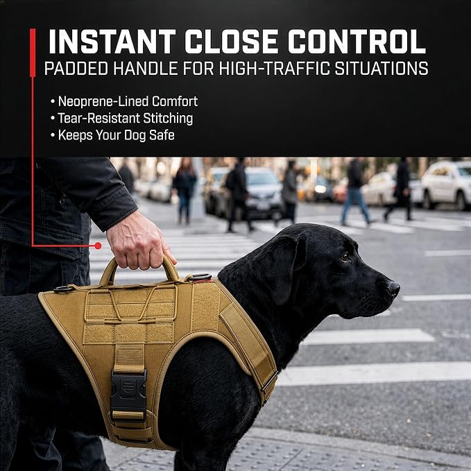 Tactical Dog Harness - Heavy Duty, No-Pull Training Vest for Large Breeds, Military Service Dog Vest with Front Leash Clip, Hook & Loop Panels, Padded Handle – Black, Large