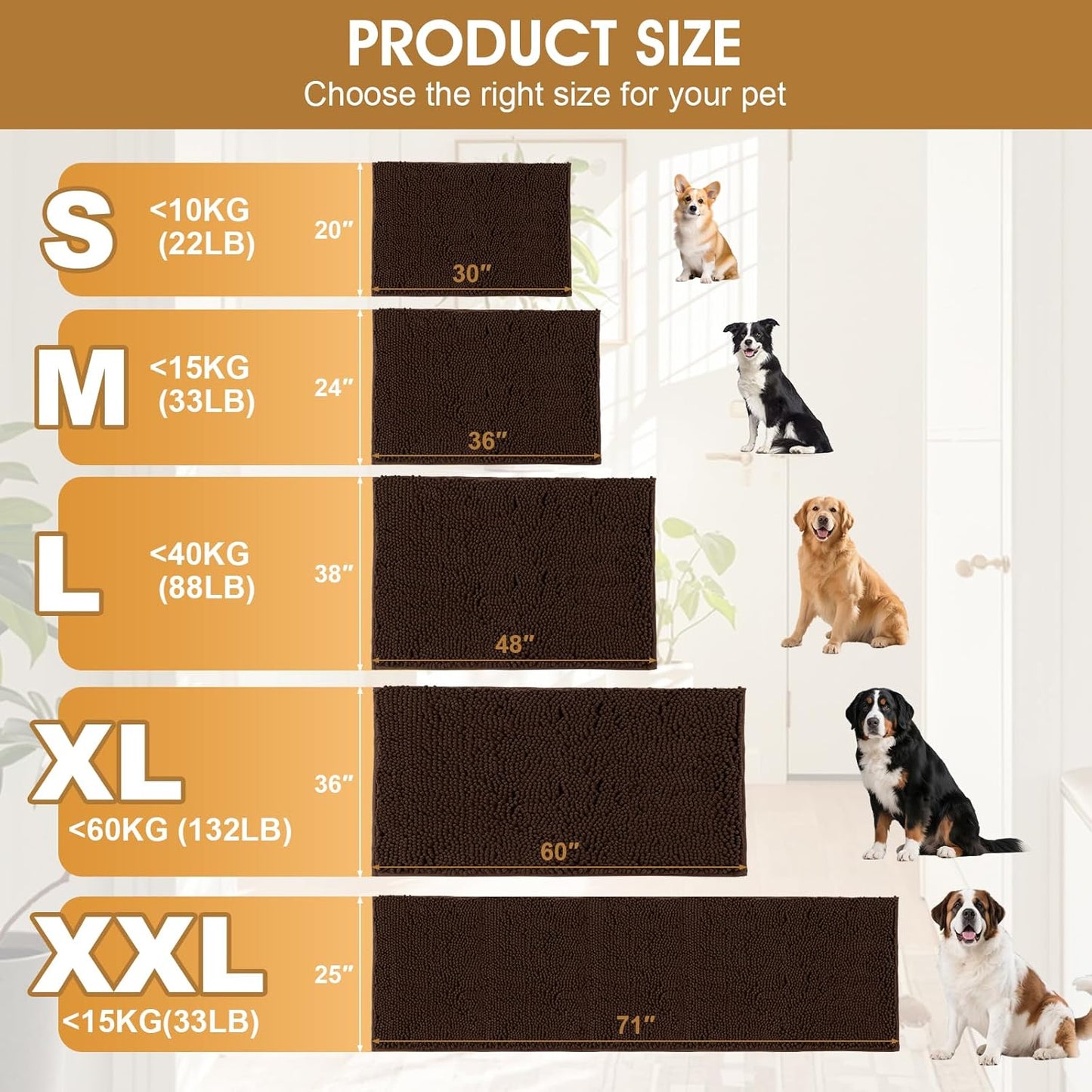 Extra Large Dog Door Mats for Muddy Paws, Chenille Absorbent Dog Mats, Non Slip Heavy Mud Mat for Dogs, Soft Pet Mat for Entryway, Mud Paws, Inside Floor,60" x 36", Brown