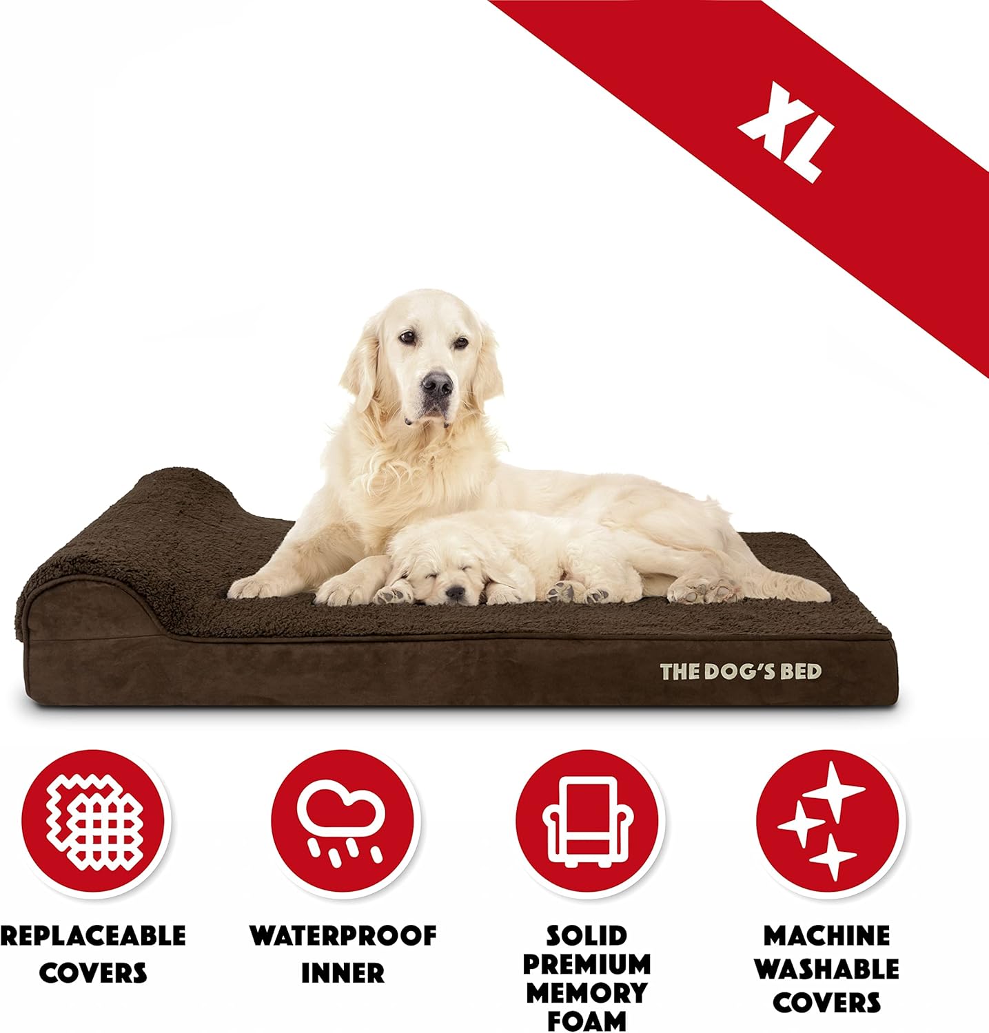 The Dog’s Bed Orthopedic Headrest Dog Bed XL Brown Plush 46x28, Memory Foam, Pain Relief for Arthritis, Hip & Elbow Dysplasia, Post Surgery, Lameness, Veterinary Approved, Waterproof Washable Cover