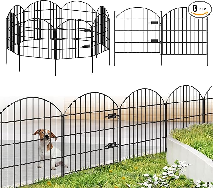FOREHOGAR Metal Garden Fence with Gate 28in (H) x 18.7ft (L), 1 Gate + 7 Panels Dog Fence Border Fence Animal Barrier, No Dig Garden Fencing for Yard Flower Bed Lawn Patio Outdoor, ECG2829 Black