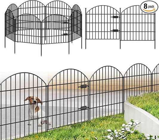 FOREHOGAR Metal Garden Fence with Gate 28in (H) x 18.7ft (L), 1 Gate + 7 Panels Dog Fence Border Fence Animal Barrier, No Dig Garden Fencing for Yard Flower Bed Lawn Patio Outdoor, ECG2829 Black