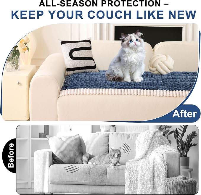 OTOB Couch Cover for Dogs Washable Non Slip Plush Sofa Covers for 3 Cushion Couch, All Seasons Fuzzy Kids Pet Friendly Sofa Slipcovers Furniture Protector Bed Mat (Blue, 27.6" x 70.9")