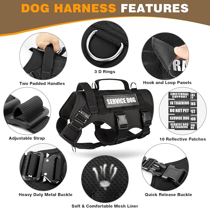 Service Dog Vest Harness for Large Dog, Tactical Working MOLLE Vest with 10 Pet Patches, No Pull Heavy Duty Harness for Training Hunting Walking