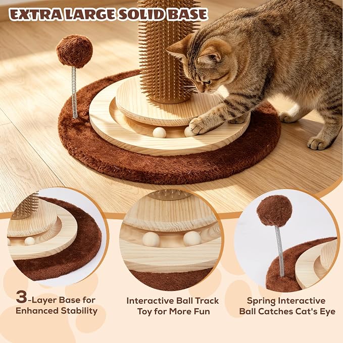 46" Extra Tall Cat Scratching Post with Toy for Large and Adult Indoor Cats | Sisal Cat Scratcher Tree with 3D Leaves, Hanging Plush Ball, Stable Wooden Base with Ball Track Toys