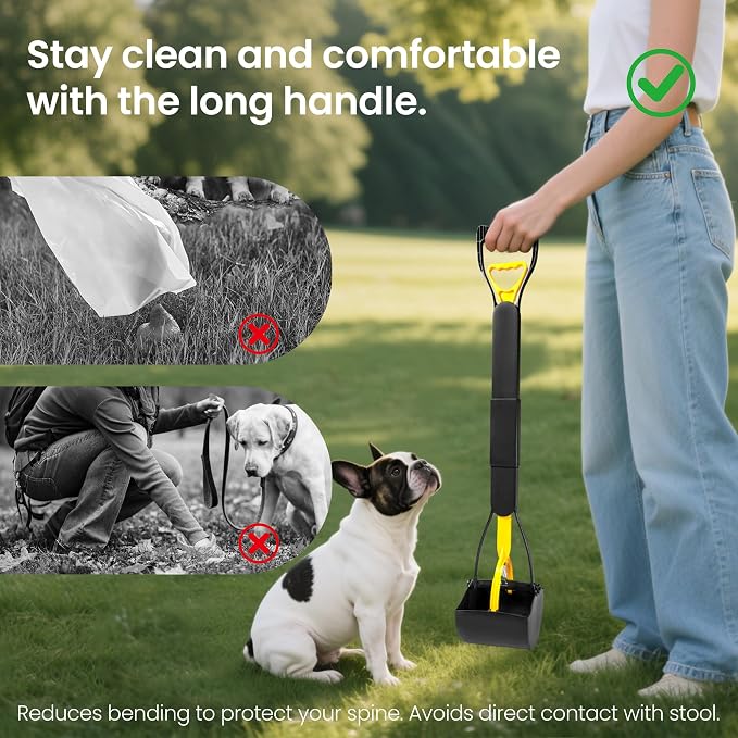 Dog Pooper Scooper 32in - Long Handle with Bag Attachment, Yellow | Made of lightweight ABS plastic. Ideal for large dogs & yard pickup. Includes bag attachment for hands-free cleanup.