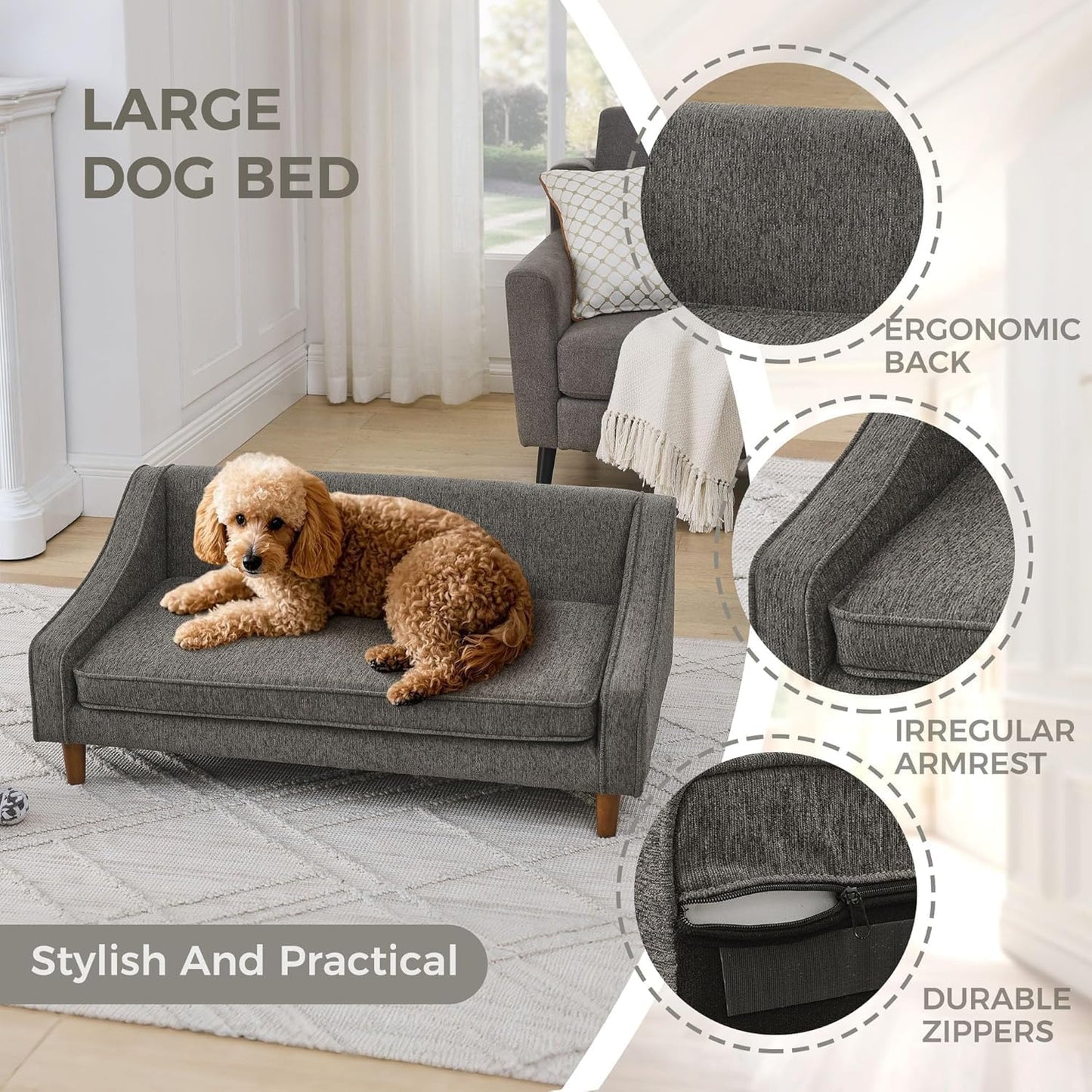 Dog Sofa Couch for Medium to Large Dogs, Durable Pet Sofa with Washable Fabric, Elevated Mini Dog Bed with Wooden Legs for Medium and Large Dogs, Dark Grey