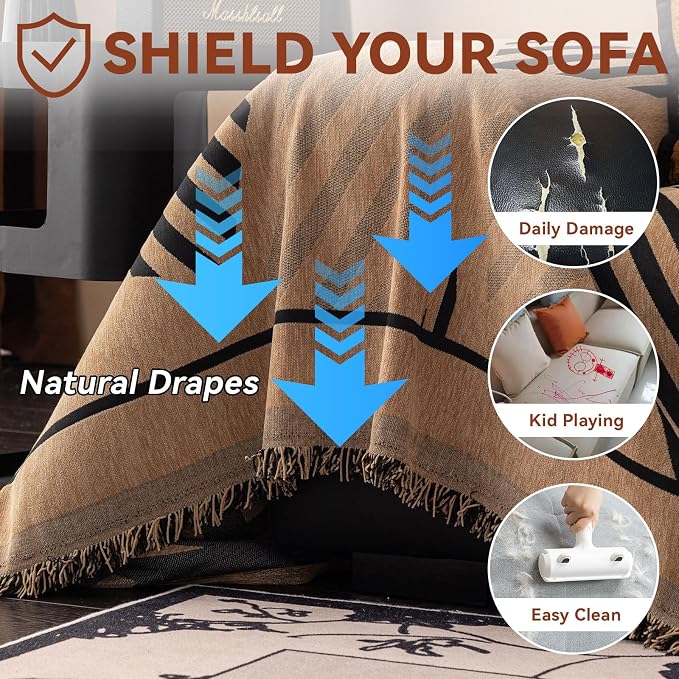 VClife Couch Cover Boho Style Sofa Cover for Dog, Modern Chenille Couch Cover for 3 Cushion Couch Sofa, Non Slip Brown Geometry Couch Protector with Tassel Sofa Slipcover Throw, 71"X134"