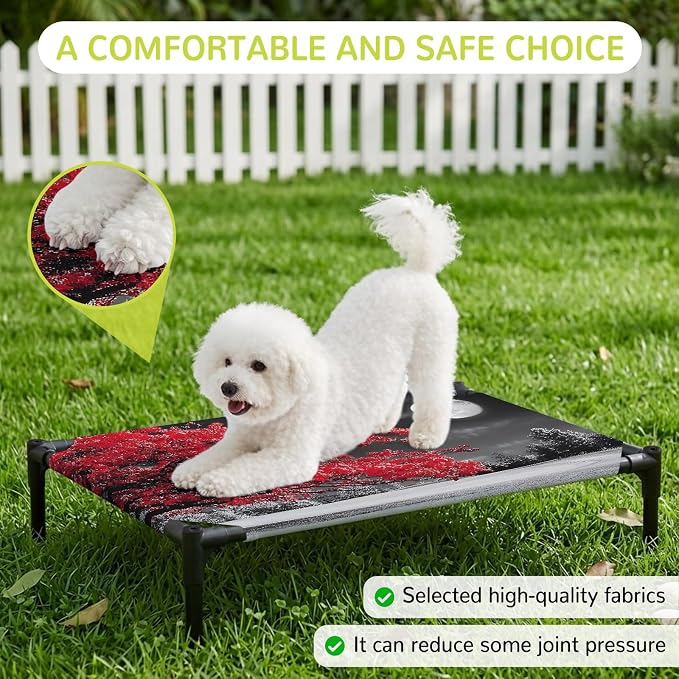 Outdoor Elevated Dog Bed for Medium Dogs, Vibrant Red Tree Breathable Cooling Raised Dog Cot for Indoor/Outdoor, Glowing Moon Black Sky Waterproof Elevated Pet Beds, M 24 x 20 in